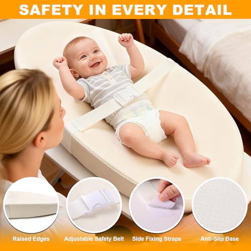 VISFAPAER Baby Diaper Changing Pad, Wipeable Baby Changing Pad for Dresser, Contoured Waterproof Changing Pad with PU Cover, Non-Slip Safety Belt & Bottom, Portable, Lightweight - Image 3