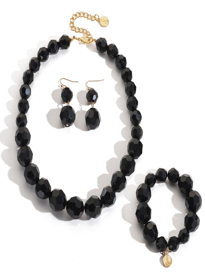 Coiris Chunky Acrylic Beads Strand Necklaces Set Green Statement Geometric Beads Necklace Bracelet Earrings Acrylic African Beaded Necklace for Accessory Jewelry(N0130-Black) - Image 1