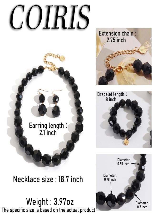 Coiris Chunky Acrylic Beads Strand Necklaces Set Green Statement Geometric Beads Necklace Bracelet Earrings Acrylic African Beaded Necklace for Accessory Jewelry(N0130-Black) - Image 4