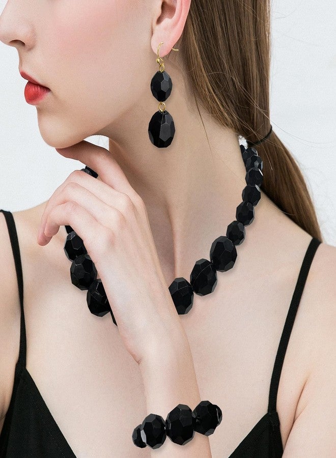 Coiris Chunky Acrylic Beads Strand Necklaces Set Green Statement Geometric Beads Necklace Bracelet Earrings Acrylic African Beaded Necklace for Accessory Jewelry(N0130-Black) - Image 2