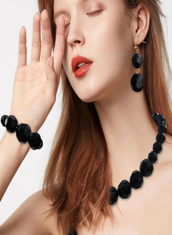 Coiris Chunky Acrylic Beads Strand Necklaces Set Green Statement Geometric Beads Necklace Bracelet Earrings Acrylic African Beaded Necklace for Accessory Jewelry(N0130-Black) - Image 3