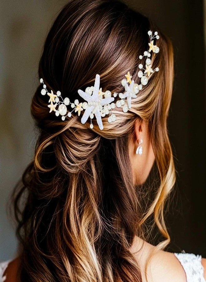 GORAIS Starfish Bride Wedding Hair Vine Silver Pearl Bridal Mermaid Headpiece Beach Hair Accessories Headband for Women and Girls - Image 1