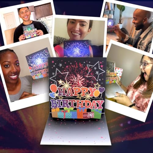 100 GREETINGS Fireworks Pop Up Happy Birthday Card - Singing Celebration Card with Light Show & Music, Unique Musical BDay Message for Women, Men, Mom, Grandma & Grandpa (1 LED) - Image 5