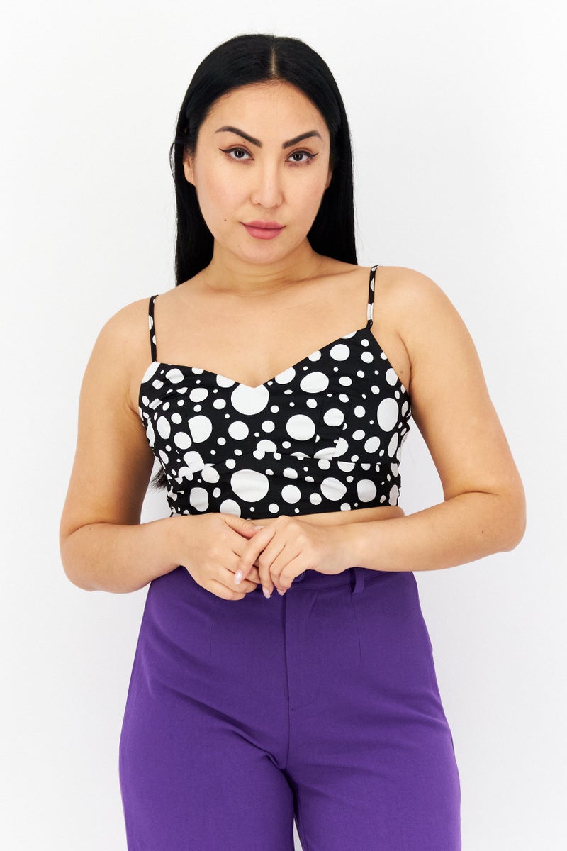 RIVER ISLAND Women Petite V-Neck Sleeveless Polka Dots Bralette Top, Black - Image 1