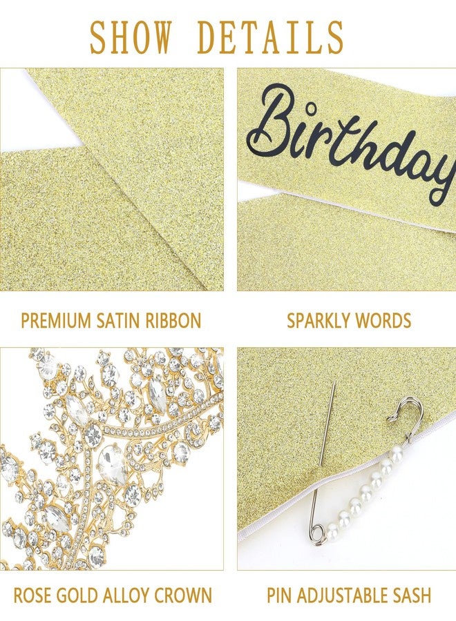 CAVETEE Princess Crown and Birthday Princess Sash,Glod Birthday Tiara With Glitter Sash for Princess Party Decorations Happy Birthday Accessories Birthday Crown and Tiara for Women Girls - Image 2