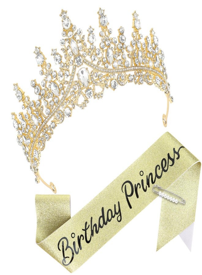 CAVETEE Princess Crown and Birthday Princess Sash,Glod Birthday Tiara With Glitter Sash for Princess Party Decorations Happy Birthday Accessories Birthday Crown and Tiara for Women Girls - Image 1