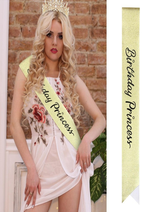 CAVETEE Princess Crown and Birthday Princess Sash,Glod Birthday Tiara With Glitter Sash for Princess Party Decorations Happy Birthday Accessories Birthday Crown and Tiara for Women Girls - Image 3