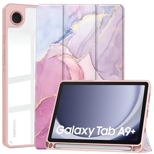 ProElite Cover for Samsung Galaxy Tab A9 Plus 11 inch Cover Case, Smart Flip Case Cover for Samsung Galaxy Tab A9+ 11 inch with S Pen Holder, Marble Rose Pink [Transparent Back] - Image 1