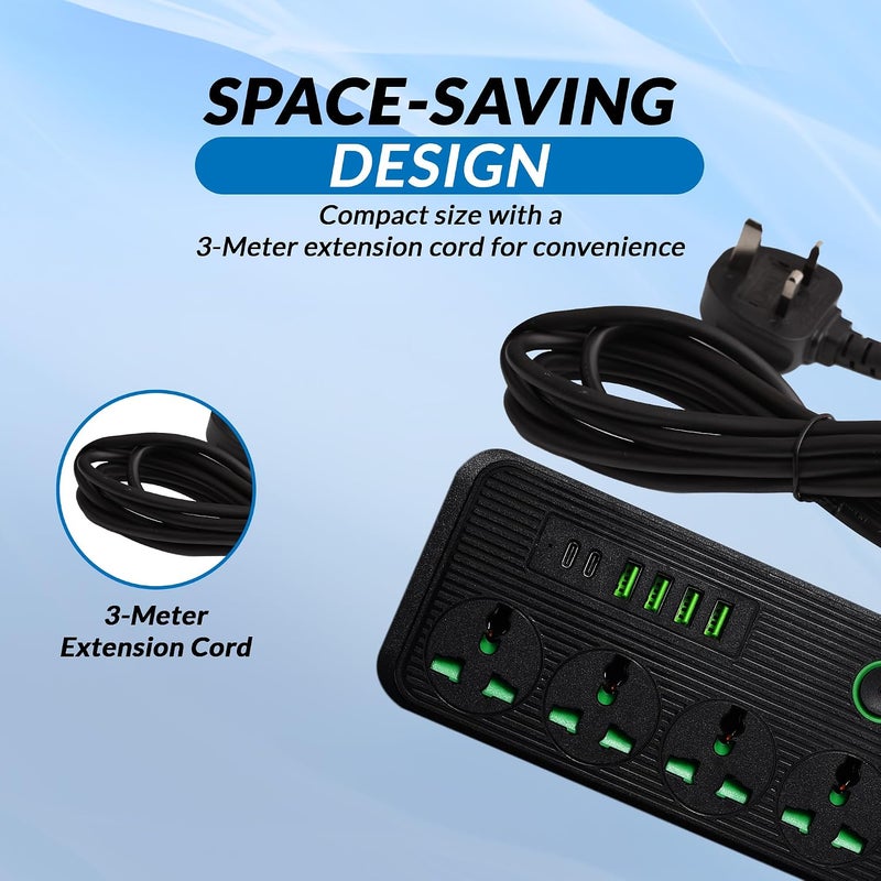 DANEEN Power Extension cord | 3M 3 Core Cable with 10A Fused UK 3 PIN Plug, 04 Power Outlets, 2 Type C and 6 USB 4.8A Fast Charging Ports, Surge & Overload Protection | Push button & LED Indicator - Image 2