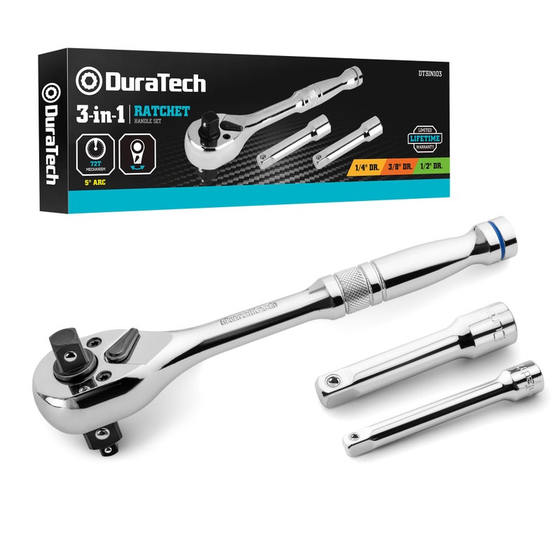 DURATECH Ratchet Set 3IN1 Ratchet Handle with 2 Extension Bars 14 38 12 Drive Ratchet Wrench 72Tooth Reversible Switch FullPolished Chrome Plating Alloy Steel