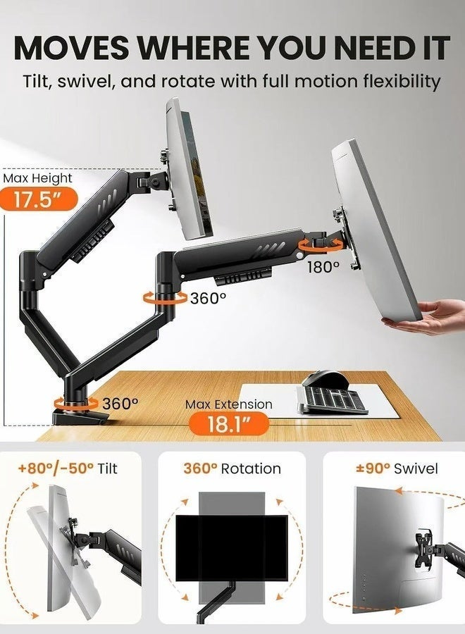 Flushrenic Desktop display dual arm stand, dual display arm, suitable for 14-34 inch LCD LED tablets/curved computer screens, with a weight capacity of 4.4-22 pounds, VESA 75x75mm/100x100mm， Black, ergonomic design, stable and safe, easy to install, cable management - Image 3