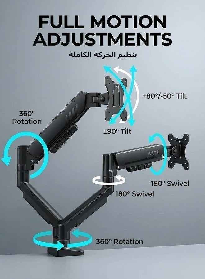 Desktop display dual arm stand, dual display arm, suitable for 14-34 inch LCD LED tablets/curved computer screens, with a weight capacity of 4.4-22 pounds, VESA 75x75mm/100x100mm, Black, ergonomic design, stable and safe, easy to install, cable management