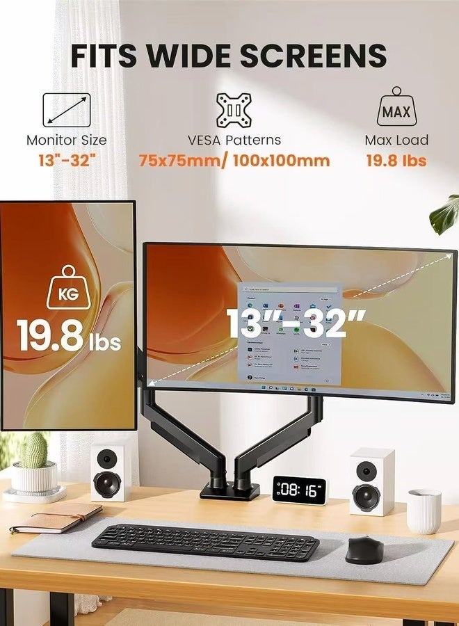 Flushrenic Desktop display dual arm stand, dual display arm, suitable for 14-34 inch LCD LED tablets/curved computer screens, with a weight capacity of 4.4-22 pounds, VESA 75x75mm/100x100mm， Black, ergonomic design, stable and safe, easy to install, cable management - Image 2