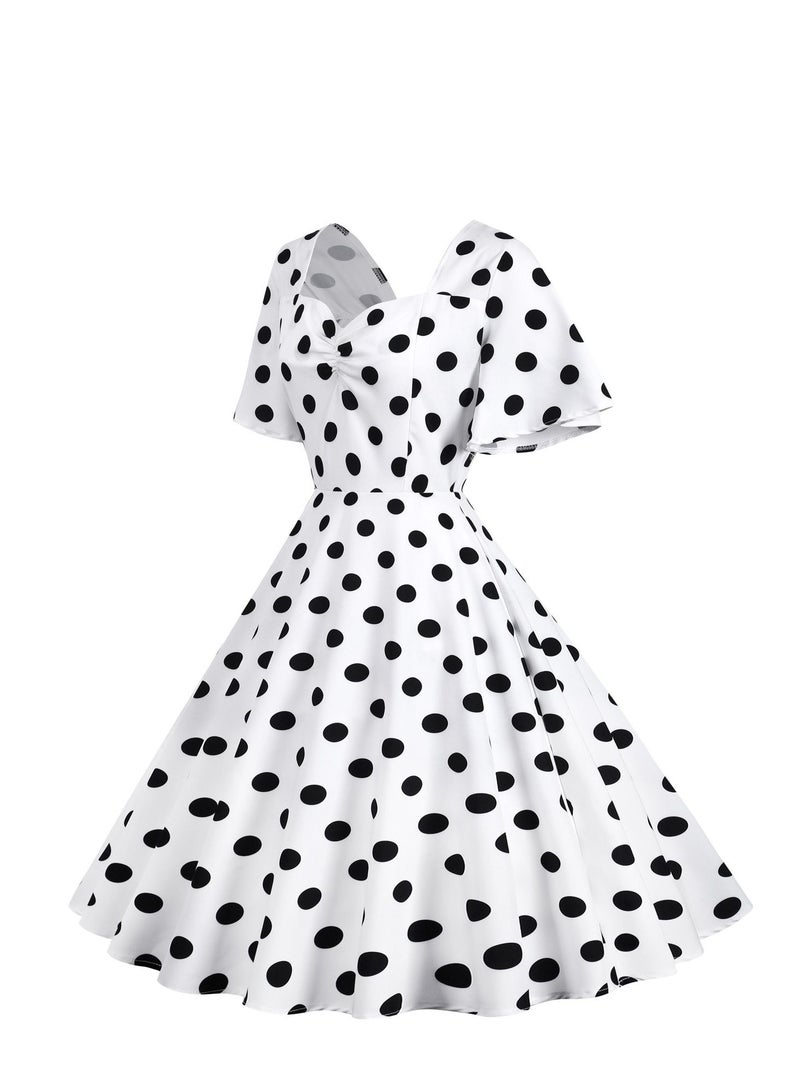 Loquat Vintage Wave Swing Short Sleeve Wave Dot Mid length Large Swing Skirt White  - Image 2