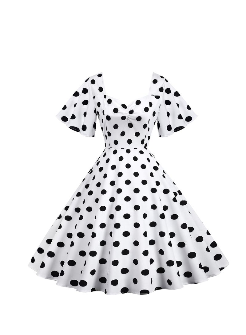 Loquat Vintage Wave Swing Short Sleeve Wave Dot Mid length Large Swing Skirt White  - Image 1