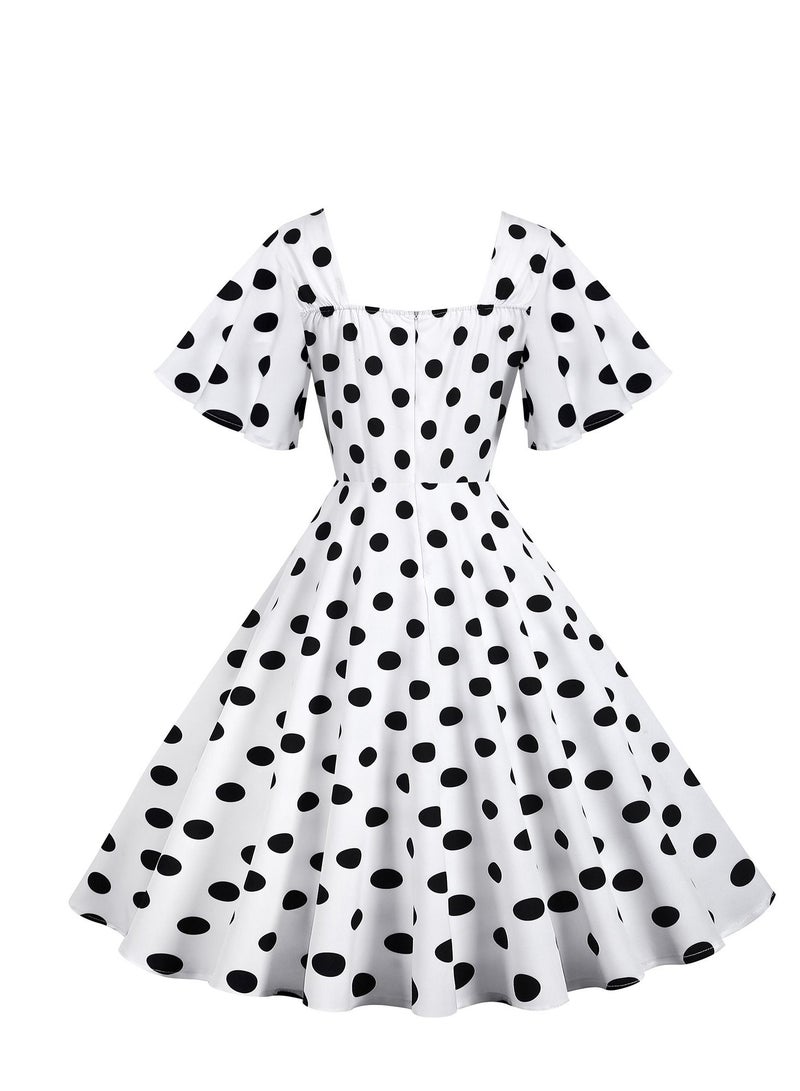 Loquat Vintage Wave Swing Short Sleeve Wave Dot Mid length Large Swing Skirt White  - Image 3