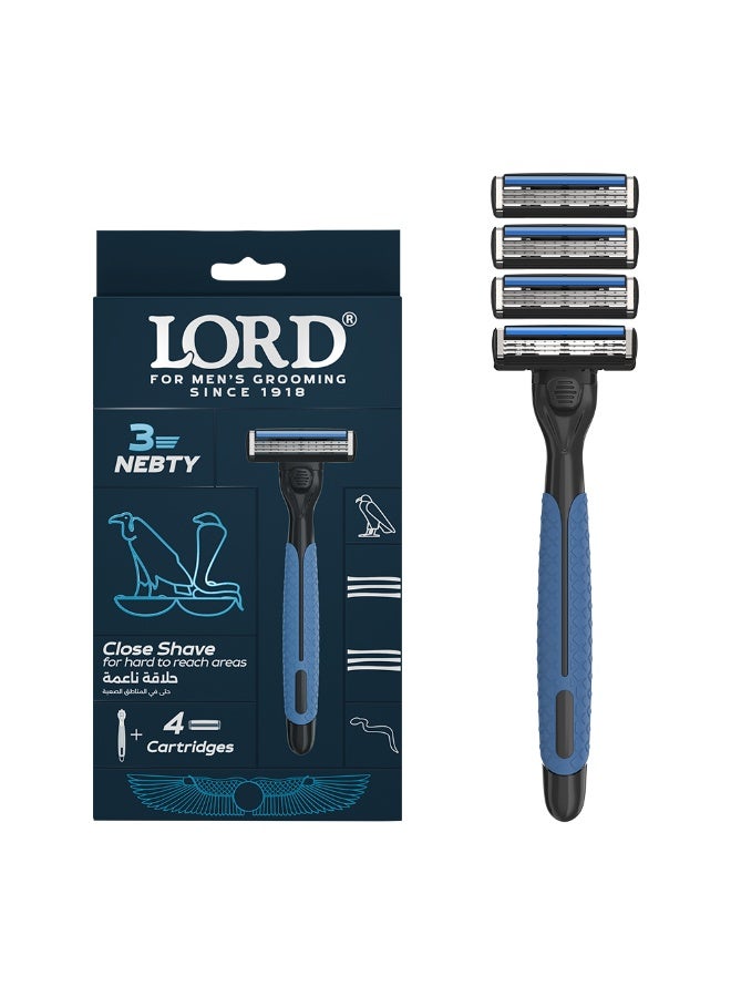 Lord Nebty 3 Blade Men’s Razor – Handle + 4 Triple-Blade Cartridges - Image 1