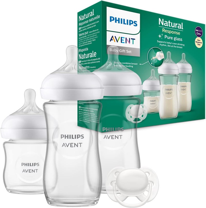 Philips Avent Glass Baby Bottle Newborn Gift Set - 3 Baby Milk Bottles & Ultra-Soft Pacifier for Babies 0-6 Months - Image 1