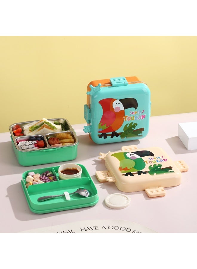 Mobcos Parrot Double Layer 3 Girds Tiffin Food Container Stainless Steel Thermal Insulation Bento Lunch Box 1120ml + 70ml for Kids/children (Crem Green) - Image 3