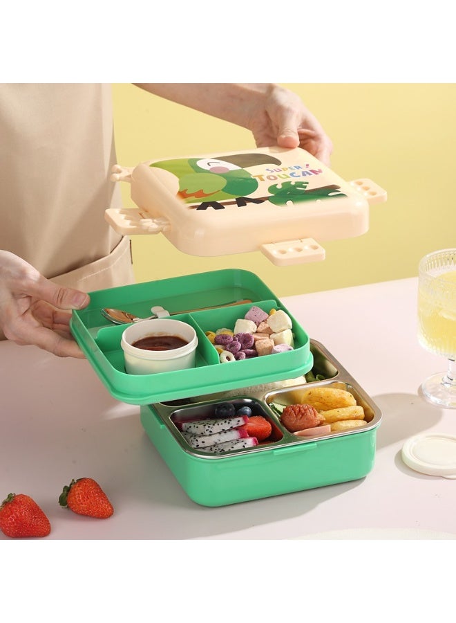 Mobcos Parrot Double Layer 3 Girds Tiffin Food Container Stainless Steel Thermal Insulation Bento Lunch Box 1120ml + 70ml for Kids/children (Crem Green) - Image 5