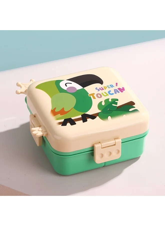 Mobcos Parrot Double Layer 3 Girds Tiffin Food Container Stainless Steel Thermal Insulation Bento Lunch Box 1120ml + 70ml for Kids/children (Crem Green)