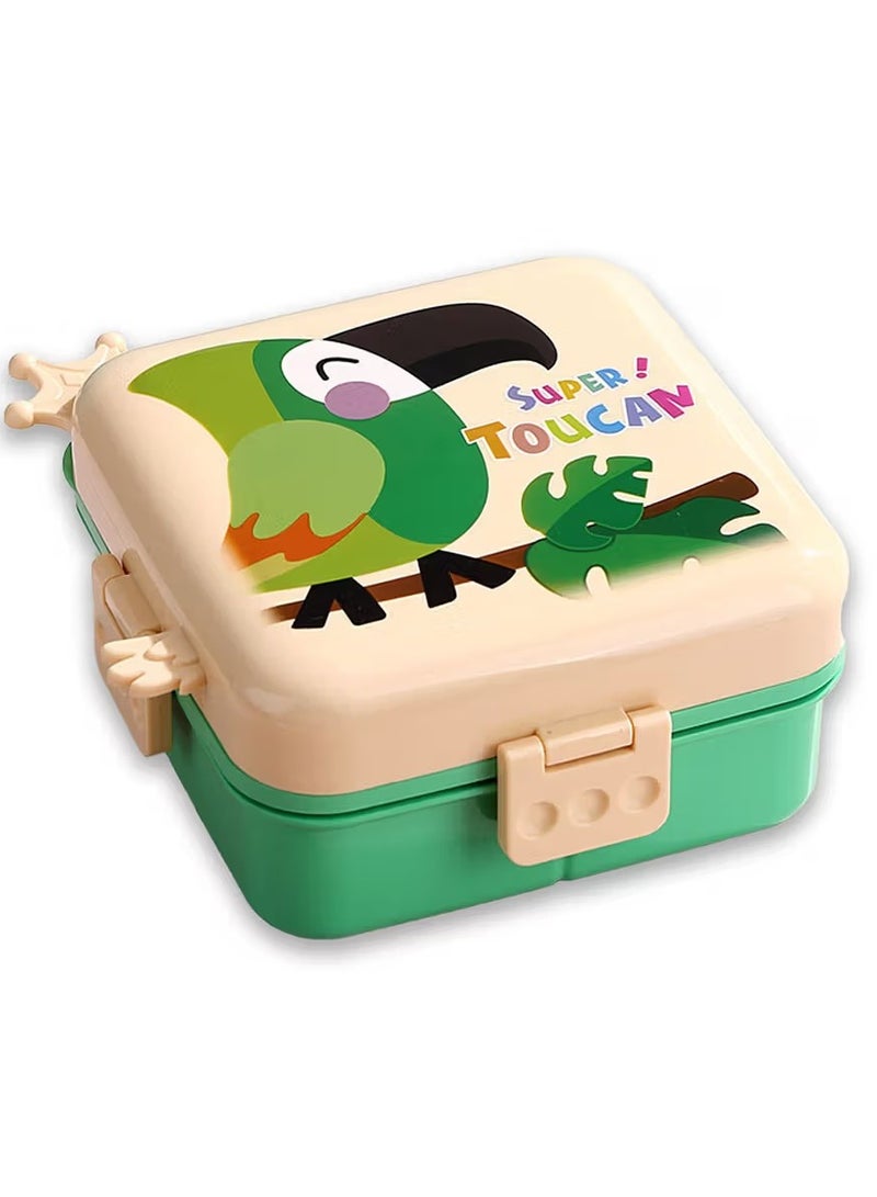 Mobcos Parrot Double Layer 3 Girds Tiffin Food Container Stainless Steel Thermal Insulation Bento Lunch Box 1120ml + 70ml for Kids/children (Crem Green) - Image 1