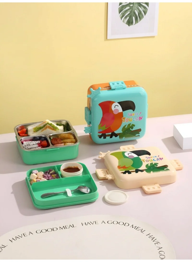 Mobcos Parrot Lunch Box Crem Green Parrot Double Layer 3 Girds Tiffin Food Container Stainless Steel Thermal Insulation Bento Lunch Box 1120ml + 70ml for Kids/children (Crem Green)  | Best Price UAE