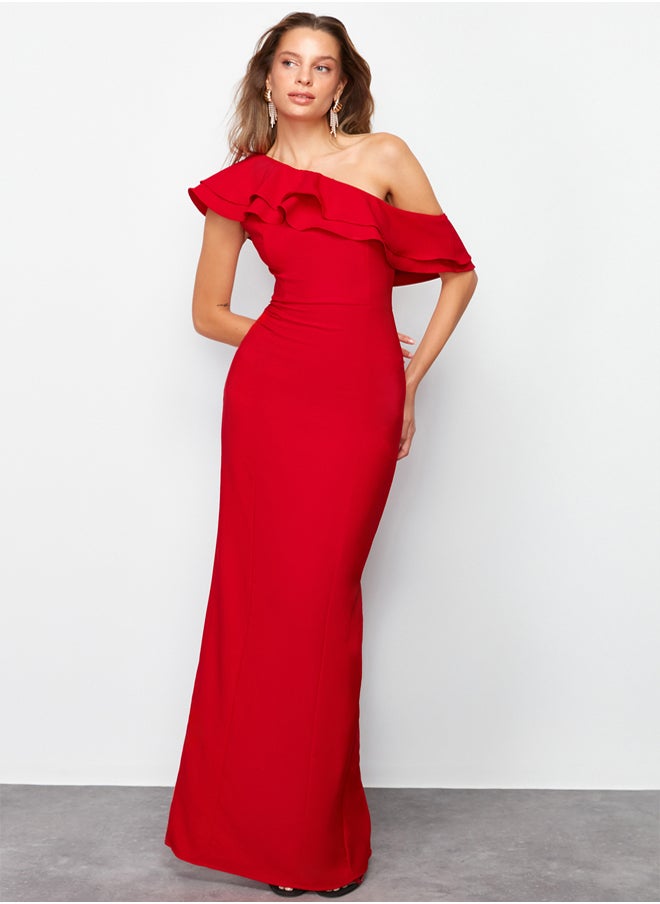 trendyol - Red Flounce Detailed Woven Elegant Evening Dress TPRSS24AE00066 - Image 1
