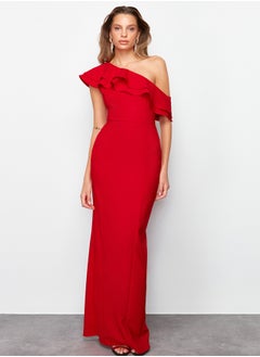 Red Flounce Detailed Woven Elegant Evening Dress TPRSS24AE00066