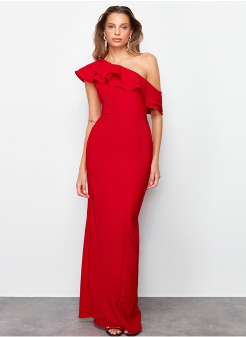 Red Flounce Detailed Woven Elegant Evening Dress TPRSS24AE00066