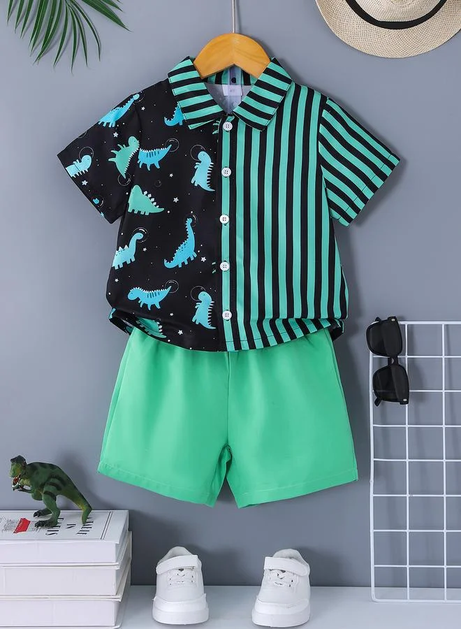 تايك تو Boys Dinosaur Print and Striped Shirt and Solid Green Shorts Set