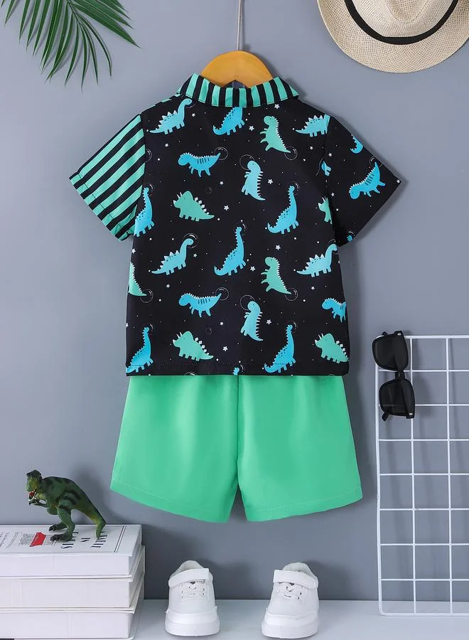 تايك تو Boys Dinosaur Print and Striped Shirt and Solid Green Shorts Set