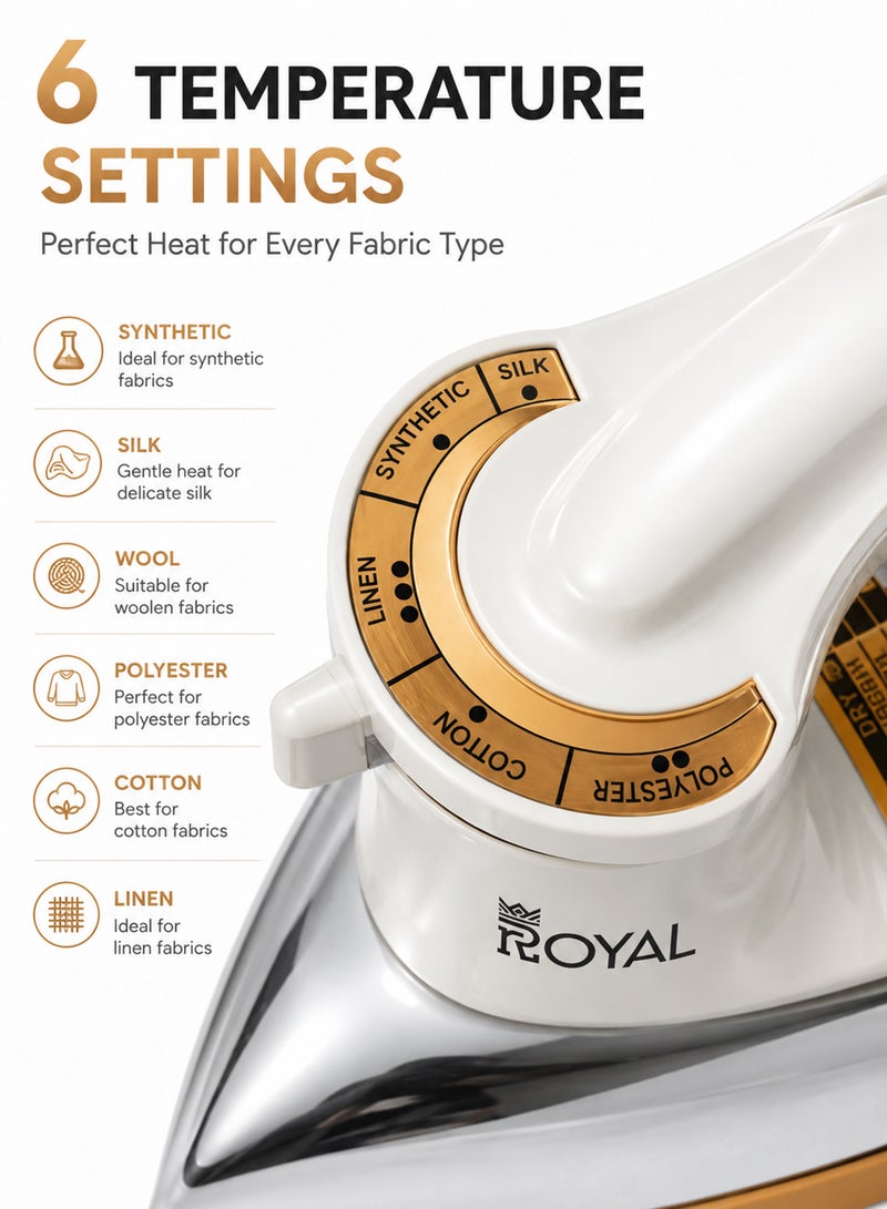 Royal 1200W Heavy Weight Dry Iron | Non-Stick Golden Ceramic Teflon Soleplate, 6-Level Thermostat, LED Safety Indicator & Cord Wrap Facility | RA-HWI007 1200 W Heavy Weight Dry Iron RA-HWI007 - Image 5