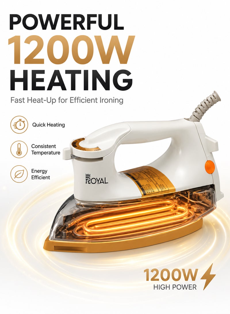 Royal 1200W Heavy Weight Dry Iron | Non-Stick Golden Ceramic Teflon Soleplate, 6-Level Thermostat, LED Safety Indicator & Cord Wrap Facility | RA-HWI007 1200 W Heavy Weight Dry Iron RA-HWI007 - Image 3
