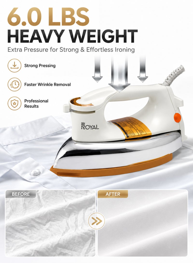 Royal 1200W Heavy Weight Dry Iron | Non-Stick Golden Ceramic Teflon Soleplate, 6-Level Thermostat, LED Safety Indicator & Cord Wrap Facility | RA-HWI007 1200 W Heavy Weight Dry Iron RA-HWI007 - Image 2
