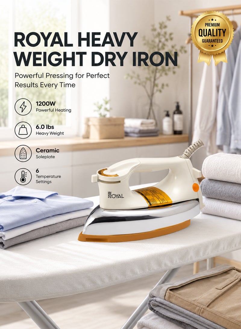 Royal 1200W Heavy Weight Dry Iron | Non-Stick Golden Ceramic Teflon Soleplate, 6-Level Thermostat, LED Safety Indicator & Cord Wrap Facility | RA-HWI007 1200 W Heavy Weight Dry Iron RA-HWI007 - Image 1