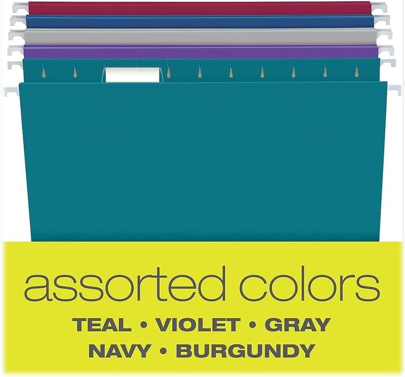 Recycled Hanging File Folders, Letter Size, Assorted Jewel-Tone Colors, Two-Tone for Foolproof Filing, 1/5-Cut Tabs, 25 Per Box (81667) - Image 3