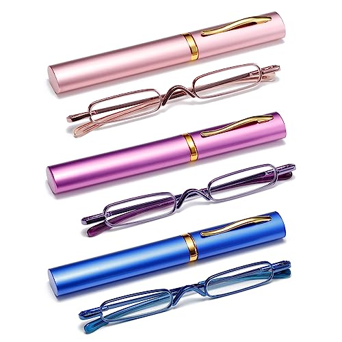 OWTXIS 3 Pack Mini Slim Pen Reading Glasses - Compact Readers with Pen Clip Case Spring Hinge Metal Frame Eyeglasses (Pink, Purple, Blue, +2.00) - Image 1