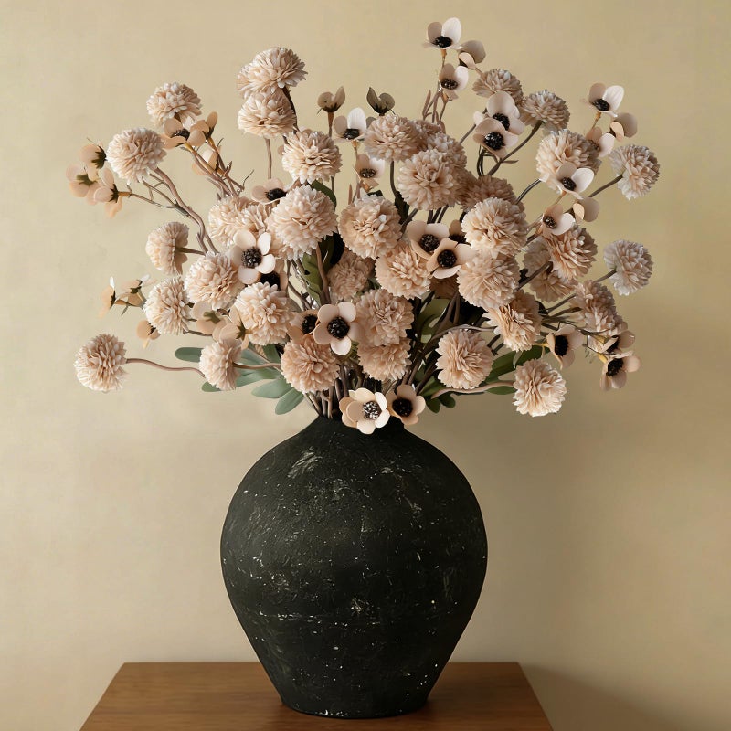 Cherica 12 Pcs Fake Flowers Beige Artificial Mums Faux Pompon Kiku Mums Artificial Flowers with Long Stems Floral Arrangement, Silk Dried Flowers Home Decor Fall Decorations For Home Vase Filler(No Vase) - Image 1