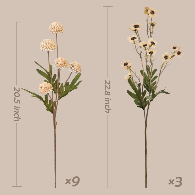 Cherica 12 Pcs Fake Flowers Beige Artificial Mums Faux Pompon Kiku Mums Artificial Flowers with Long Stems Floral Arrangement, Silk Dried Flowers Home Decor Fall Decorations For Home Vase Filler(No Vase) - Image 3