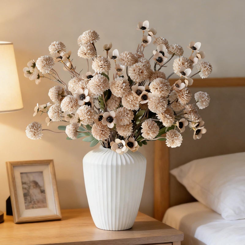 Cherica 12 Pcs Fake Flowers Beige Artificial Mums Faux Pompon Kiku Mums Artificial Flowers with Long Stems Floral Arrangement, Silk Dried Flowers Home Decor Fall Decorations For Home Vase Filler(No Vase) - Image 5