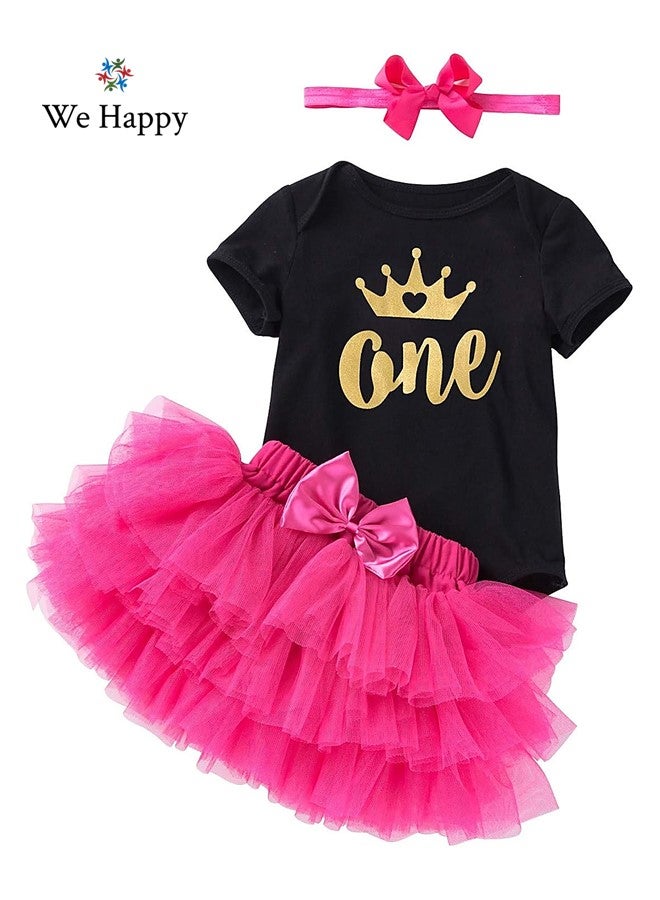 We Happy 4 Pieces Baby Girl Birthday Costume Newborn Princess Theme 1st Birthday ONE Printed Party Wear with Tutu Skirt, Cake Topper and Floral Headband - Image 2