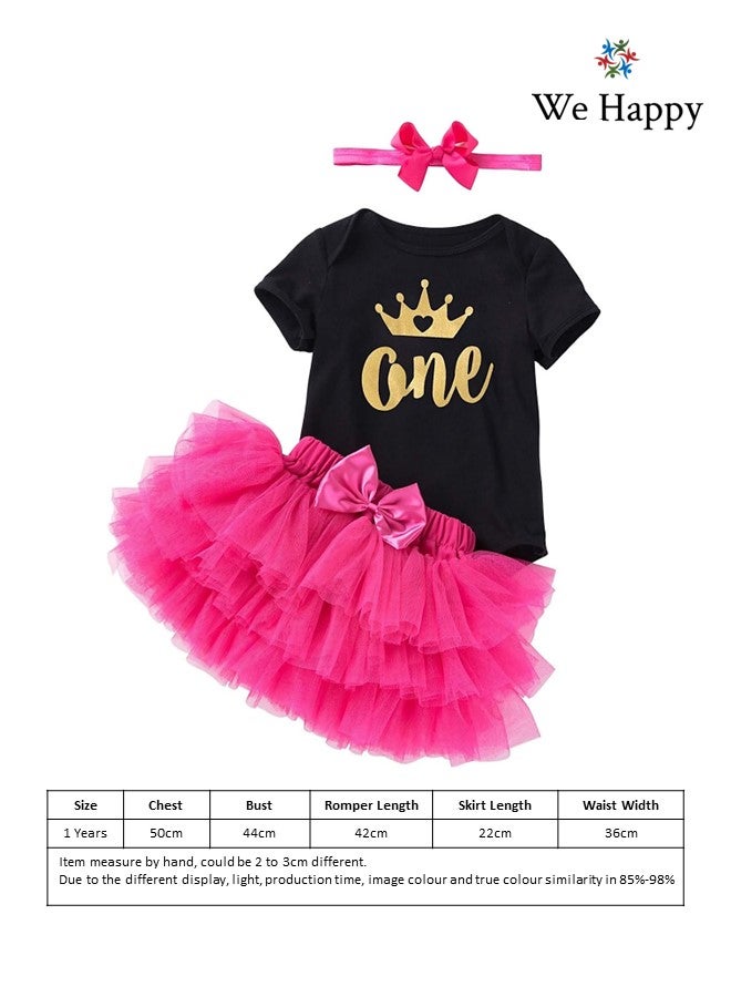 We Happy 4 Pieces Baby Girl Birthday Costume Newborn Princess Theme 1st Birthday ONE Printed Party Wear with Tutu Skirt, Cake Topper and Floral Headband - Image 4