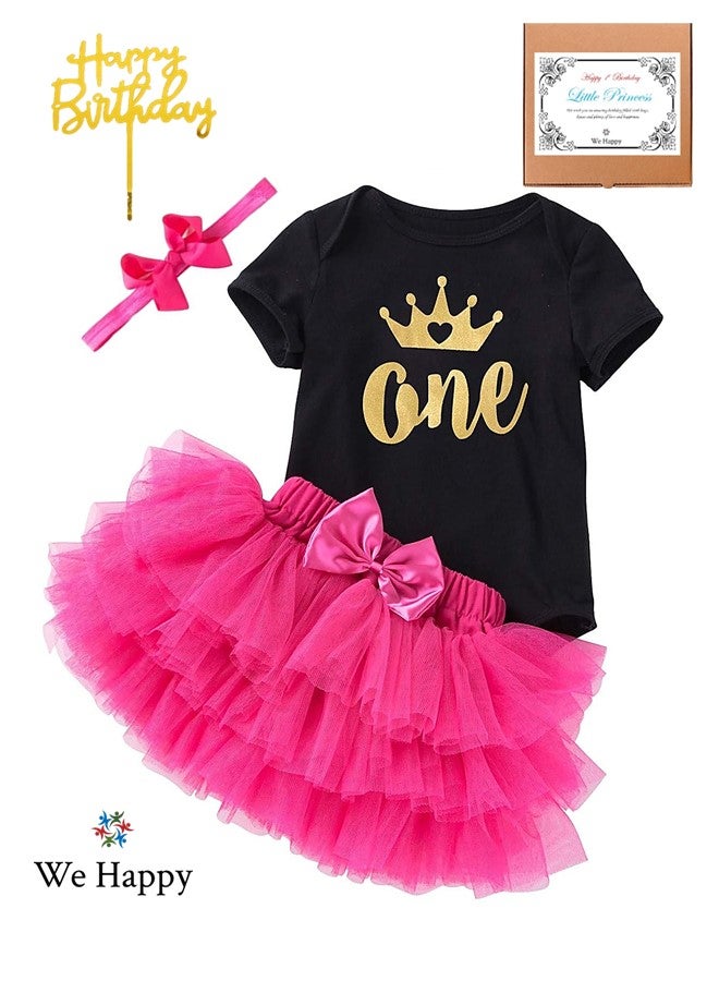 We Happy 4 Pieces Baby Girl Birthday Costume Newborn Princess Theme 1st Birthday ONE Printed Party Wear with Tutu Skirt, Cake Topper and Floral Headband - Image 1
