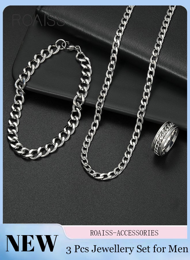 roaiss 3 Pcs Jewelry Set for Men, Stainless Steel Necklace, Bracelet, and Ring, Stylish and Simple Hip-Hop Style, Suitable for Daily Wear - Image 1