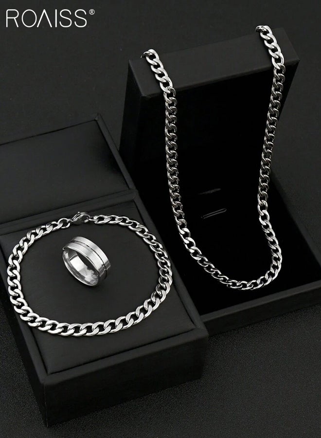 roaiss 3 Pcs Jewelry Set for Men, Stainless Steel Necklace, Bracelet, and Ring, Stylish and Simple Hip-Hop Style, Suitable for Daily Wear - Image 3
