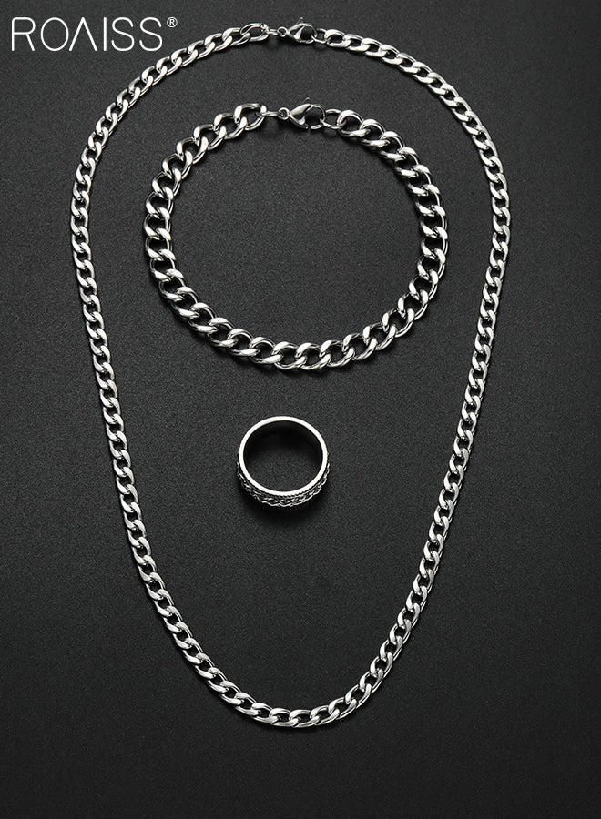roaiss 3 Pcs Jewelry Set for Men, Stainless Steel Necklace, Bracelet, and Ring, Stylish and Simple Hip-Hop Style, Suitable for Daily Wear - Image 4