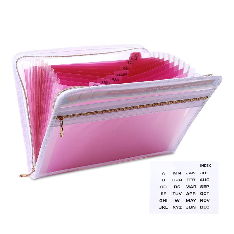 MEGREZ Expanding File Folder with 13 Pockets, A4 Paper File Folder with Zipper Color Labels, Waterproof Accordion File Folders Organizer for Home Office, Pink-Clear - Image 1