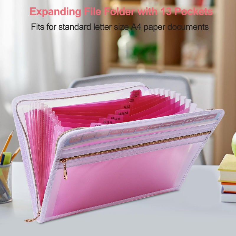 MEGREZ Expanding File Folder with 13 Pockets, A4 Paper File Folder with Zipper Color Labels, Waterproof Accordion File Folders Organizer for Home Office, Pink-Clear - Image 5