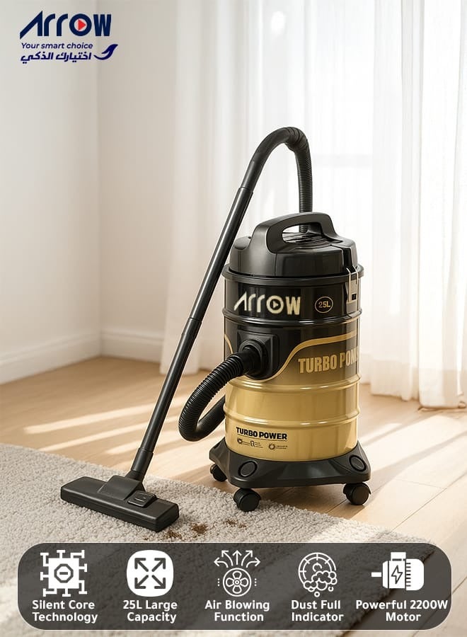 Arrow 25L Drum Vacuum Cleaner, 2200W | Sponge Filter | Air Blower Function | Metal Telescopic Tube | Powerful Suction | Ideal for Heavy-Duty Cleaning | Model: RO-25VSY - Image 1